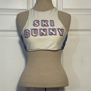 Aerie Ski Bunny Racerback Sports Bra Size Large Blue White Workout Athleisure